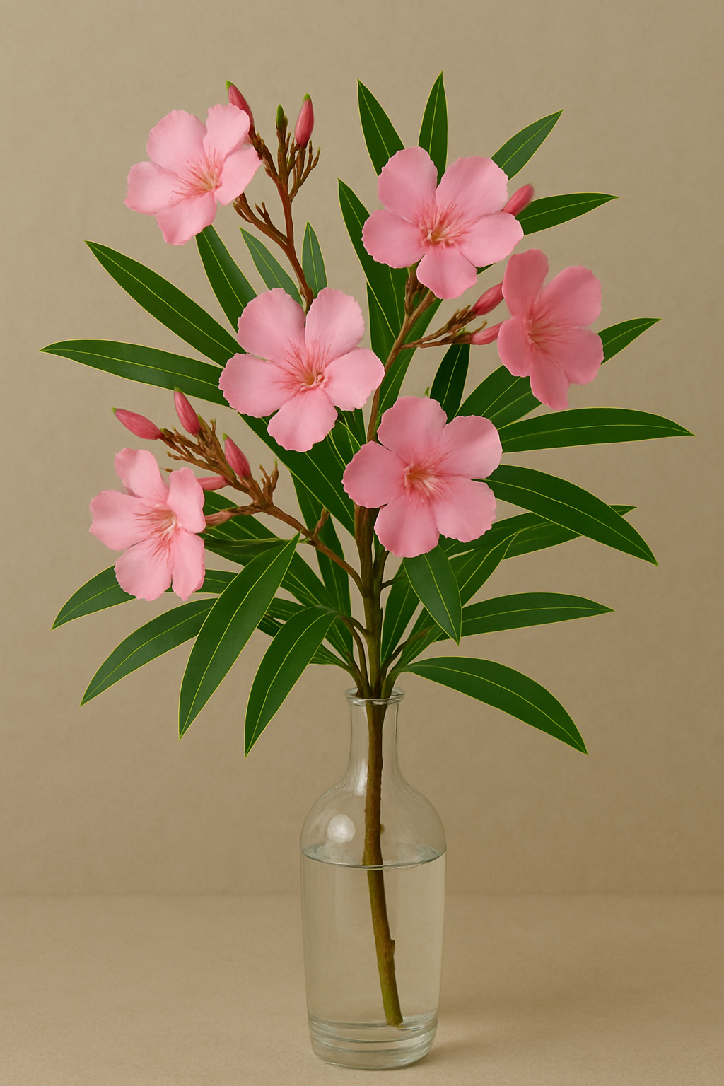 Bouquet de laurier rose dans un vase en verre clair