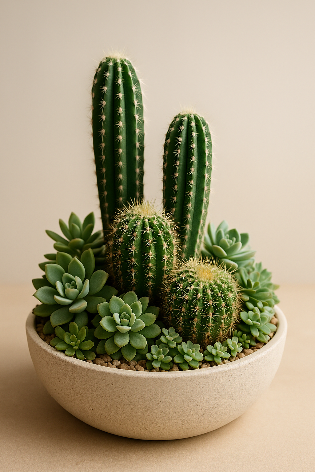 Composition de plantes grasses et cactus dans un pot arrondie.