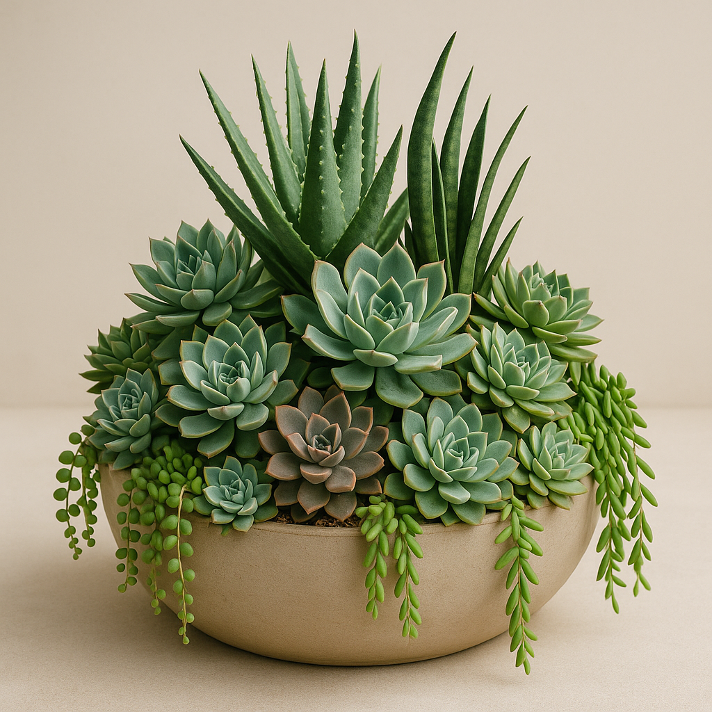 Composition de plantes grasses et cactus dans un pot arrondie.