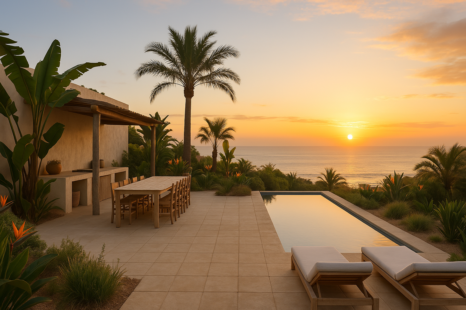 Lever du soleil vue de la terrasse d'une villa. Image générée par IA