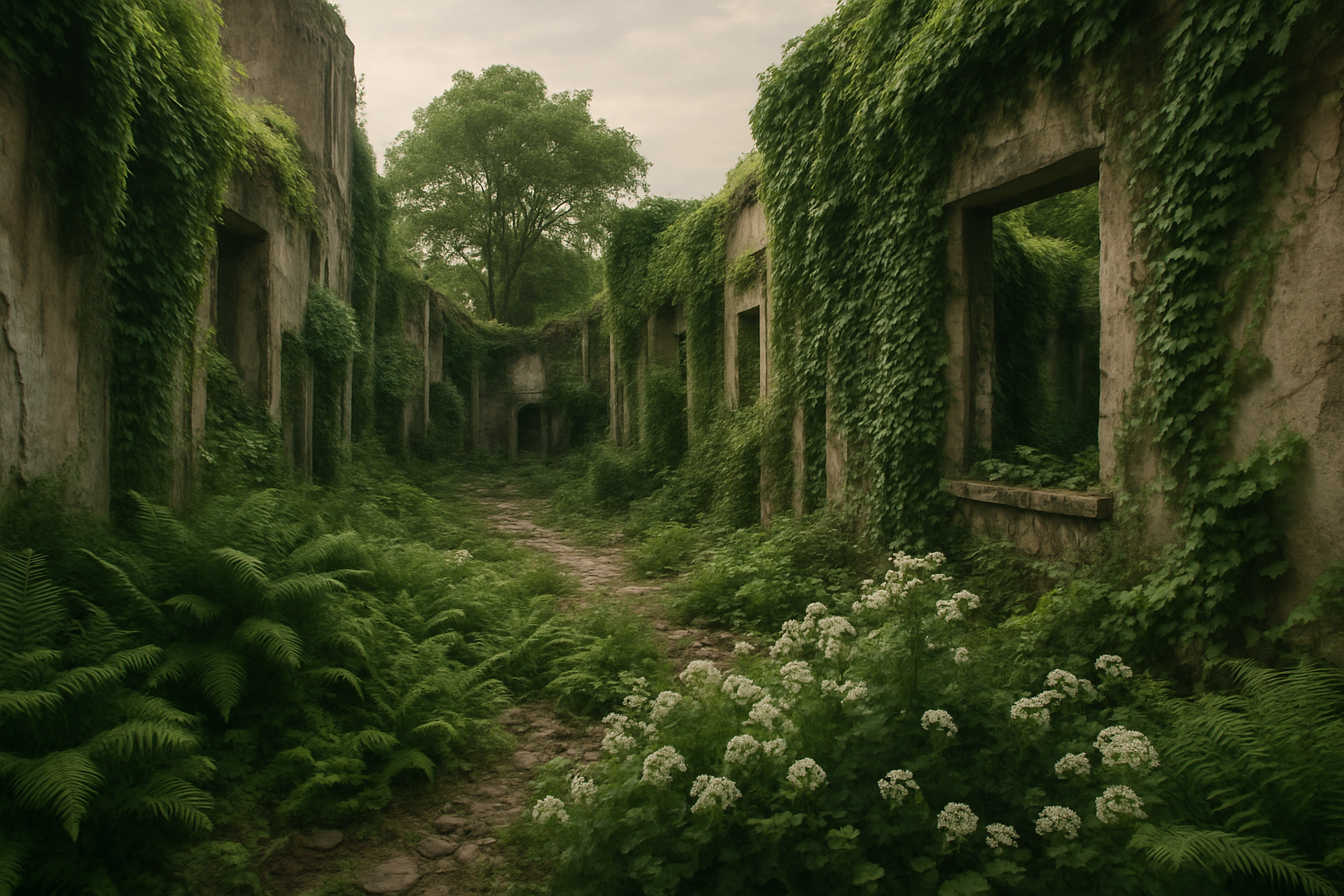 Urbanisation abandonnée et envahie par la végétation
