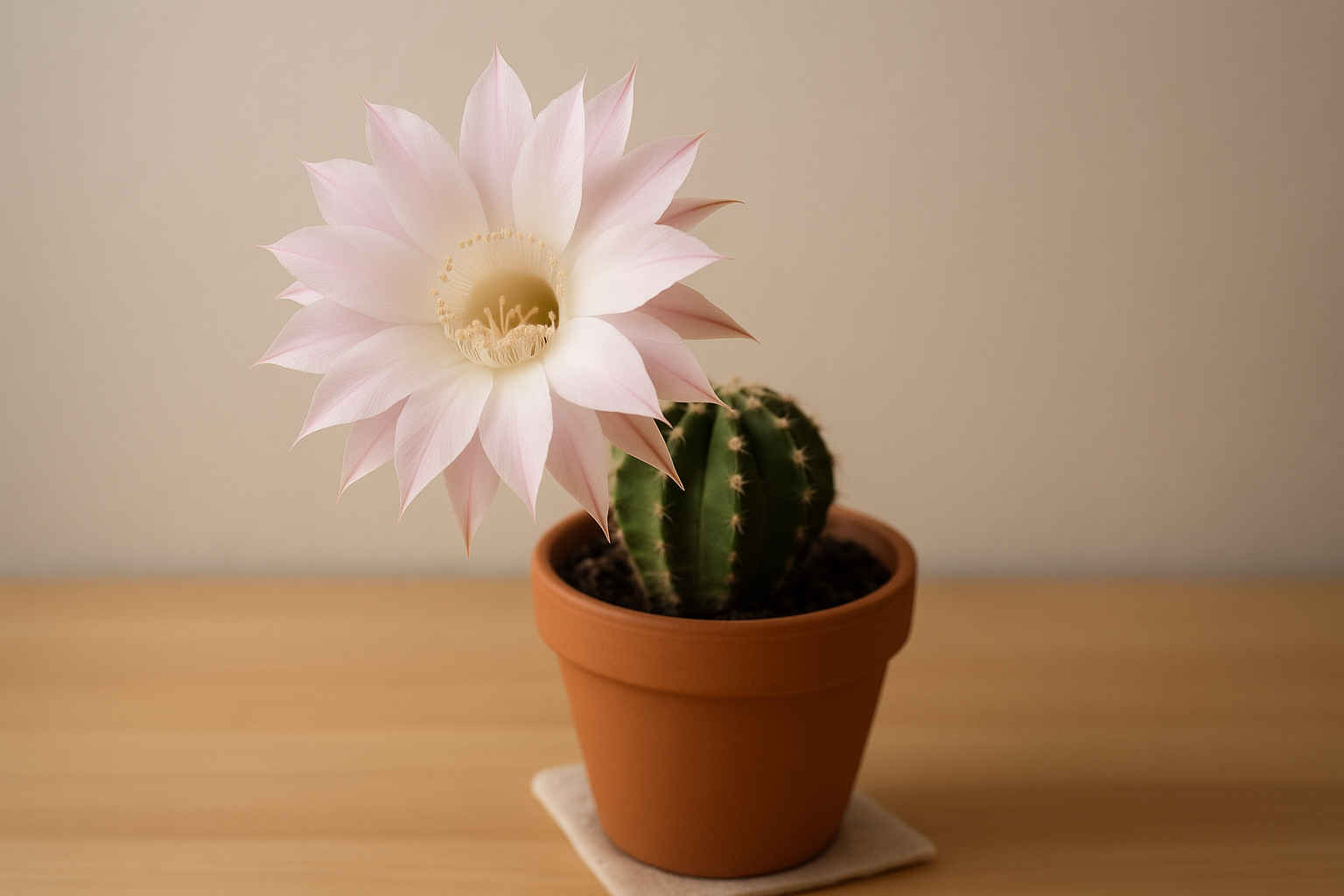 Fleur rose pâle d’un cactus Echinopsis en pot, épanouie sur une table en bois clair avec un fond beige doux.