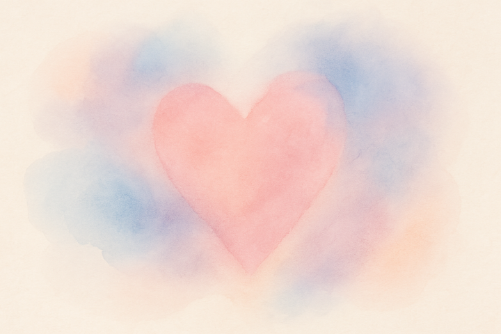 Aquarelle abstraite pastel évoquant l’amour inconditionnel, la douceur et la connexion intérieure. Formes fluides et harmonieuses sur fond beige, ambiance introspective.