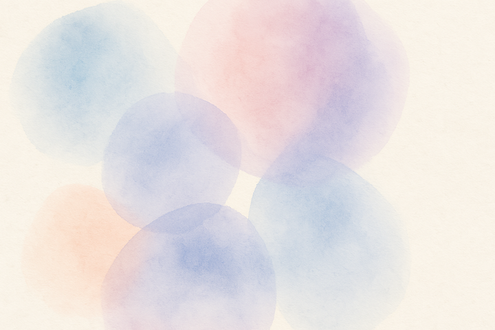 Aquarelle abstraite pastel aux tons bleu, rose et violet sur fond beige, évoquant douceur, partage et harmonie dans un style minimaliste et diffus.