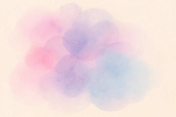Aquarelle abstraite pastel aux formes diffuses rose, bleu et violet sur fond beige, représentant l’accumulation douce mais constante des pensées et émotions