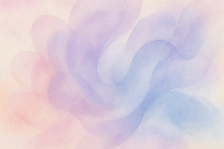 Aquarelle abstraite aux teintes douces de rose, bleu et violet représentant l’énergie d’un amour vrai, conscient et libérateur.
