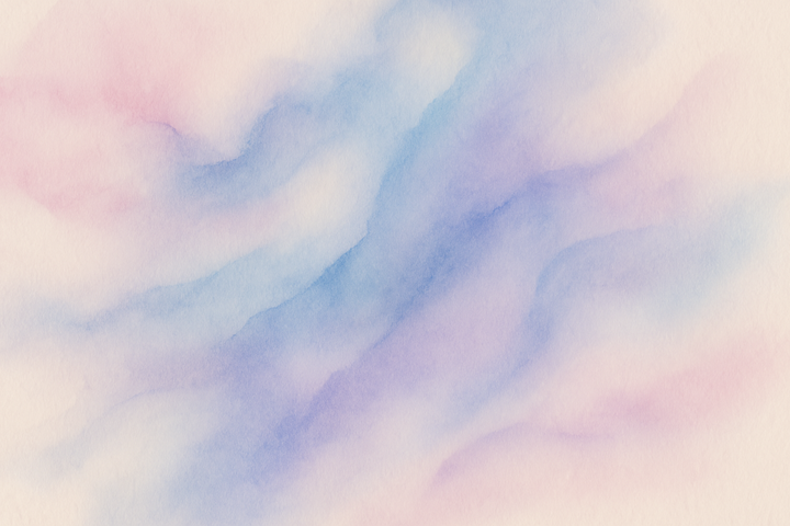 Aquarelle abstraite pastel évoquant le réajustement intérieur et la douceur d’un mental qui se réaligne, dans des teintes apaisantes de rose, bleu et violet.