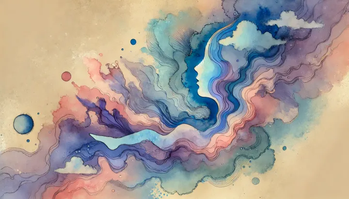 Illustration abstraite en aquarelle aux tons pastel représentant le chemin de l’éveil spirituel, entre transformation intérieure, remise en question et quête de vérité.