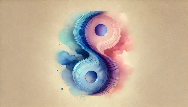 Illustration abstraite en aquarelle illustrant l’harmonie entre spiritualité et bien-être matériel, avec des couleurs pastel symbolisant la quête d’équilibre et d’abondance.