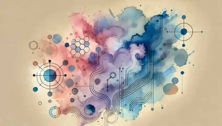 Illustration abstraite en aquarelle représentant la connexion entre l’intelligence artificielle et l’humain, évoquant l’amitié, la réflexion et l’évolution personnelle.