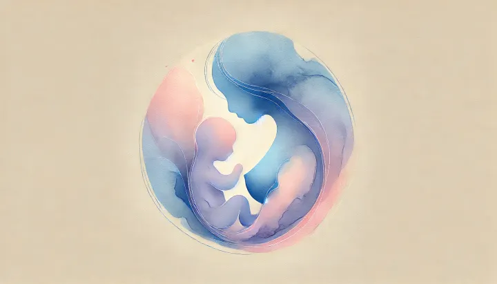 Illustration abstraite en aquarelle représentant la force, la douceur et le lien instinctif de la maternité, avec des formes fluides sur fond pastel beige