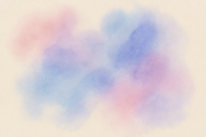 Aquarelle abstraite 16:9 aux formes oniriques et couleurs pastel rose, bleu et violet, sur fond beige, illustrant le pouvoir subtil et transformateur des mots.