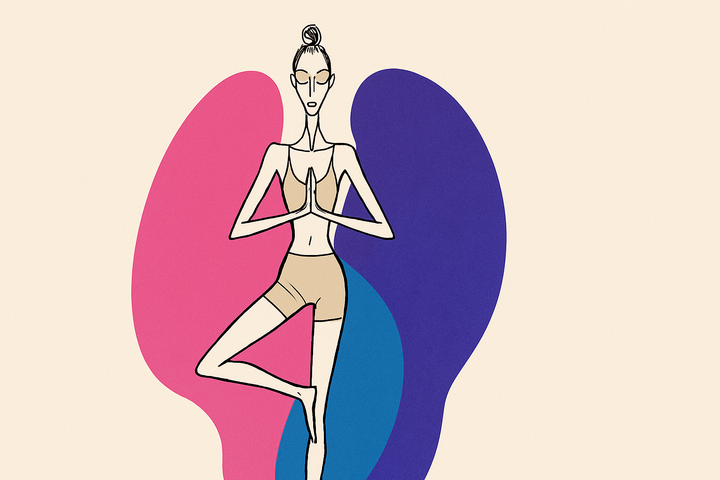 Silhouette féminine stylisée en posture de l’arbre, brassière et short, équilibre et enracinement, sur fond rose, bleu, violet. Style mode, luxe, spirituel et moderne.