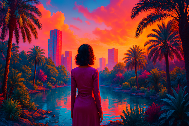 Image surréaliste d’une femme contemplative dans une oasis urbaine, aux couleurs vives et saturées, évoquant l’introspection en pleine agitation citadine