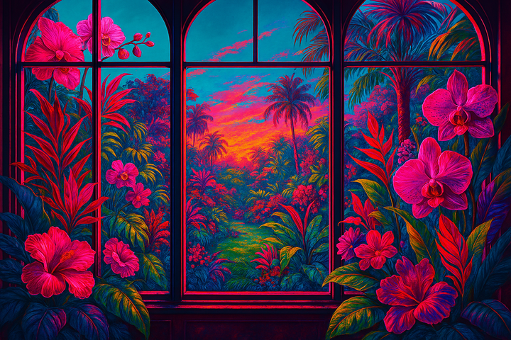 Aquarelle digitale en 16:9 représentant une baie vitrée ouverte sur un jardin luxuriant et surréaliste aux fleurs exotiques, dans un style pop et glamour ultra saturé