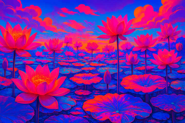 Illustration surréaliste aux couleurs pop ultra-saturées. Les fleurs de lotus éclatent en teintes magenta, orange et violette sur fond de ciel onirique, évoquant une paix intérieure.