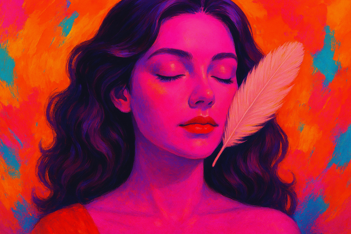 Femme aux yeux fermés caressée par une plume colorée sur la joue, dans un univers pop-surréaliste vibrant évoquant la douceur et l’intensité de l’hypersensibilité