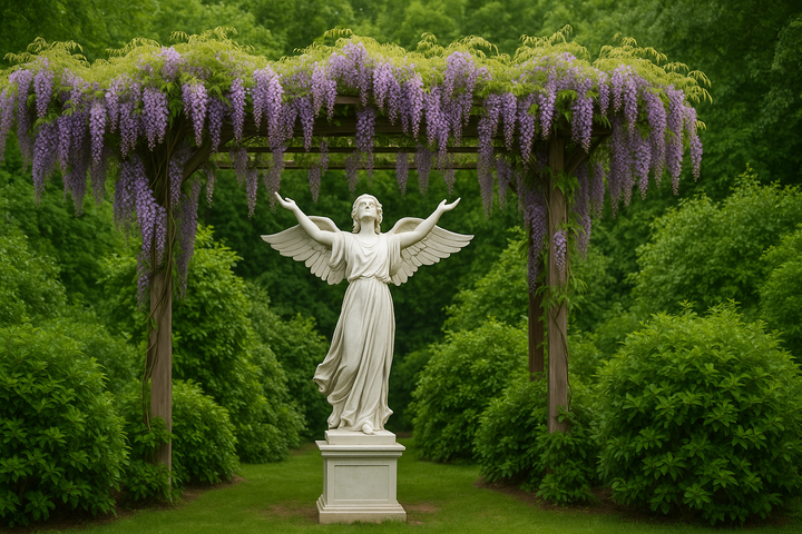 Statue d’ange sous pergola de glycines en jardin verdoyant