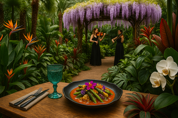 Jardin exotique sous pergola de glycines avec violonistes