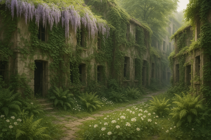 Quartier urbain abandonné où la nature a repris ses droits, il y a des fougères touffues, des fleurs blanches, les murs sont recouverts de feuillages et de glycines violets pales