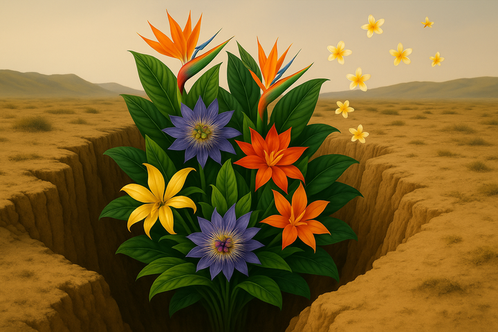 Bouquet de fleurs tropicales éclatantes surgissant d’un gouffre aride, symbole de la beauté née du néant.